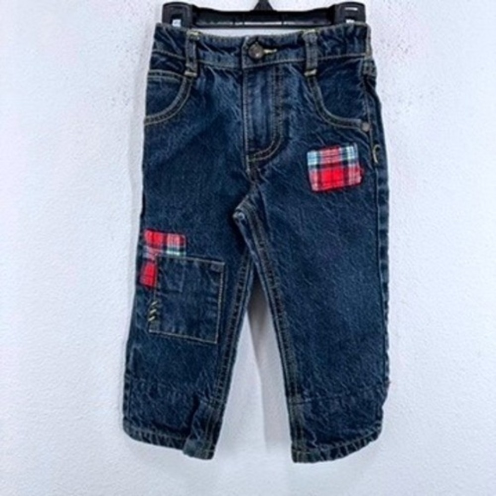 Retro Old Fashioned OshKosh Bgosh‎ Toddler Jeans Plaid Patchwork Denim Pants